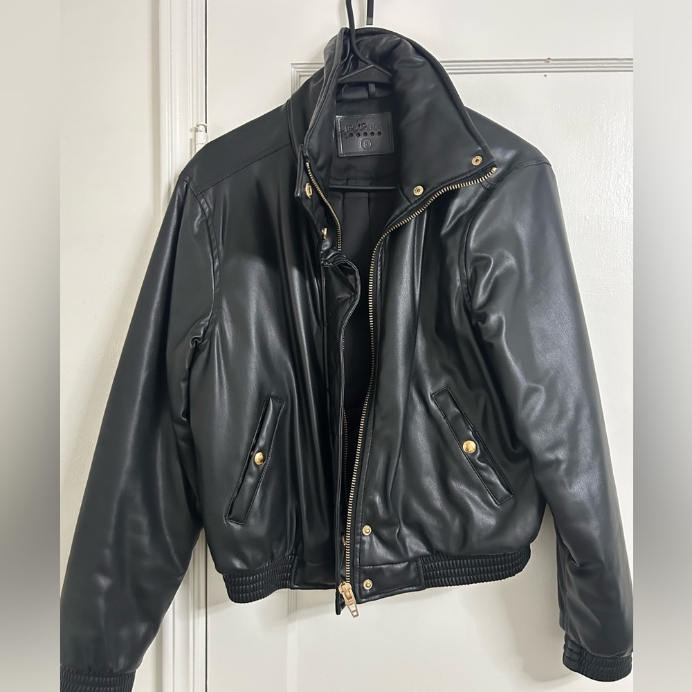Blank NYC Black Faux Leather Bomber Jacket with Gold Details